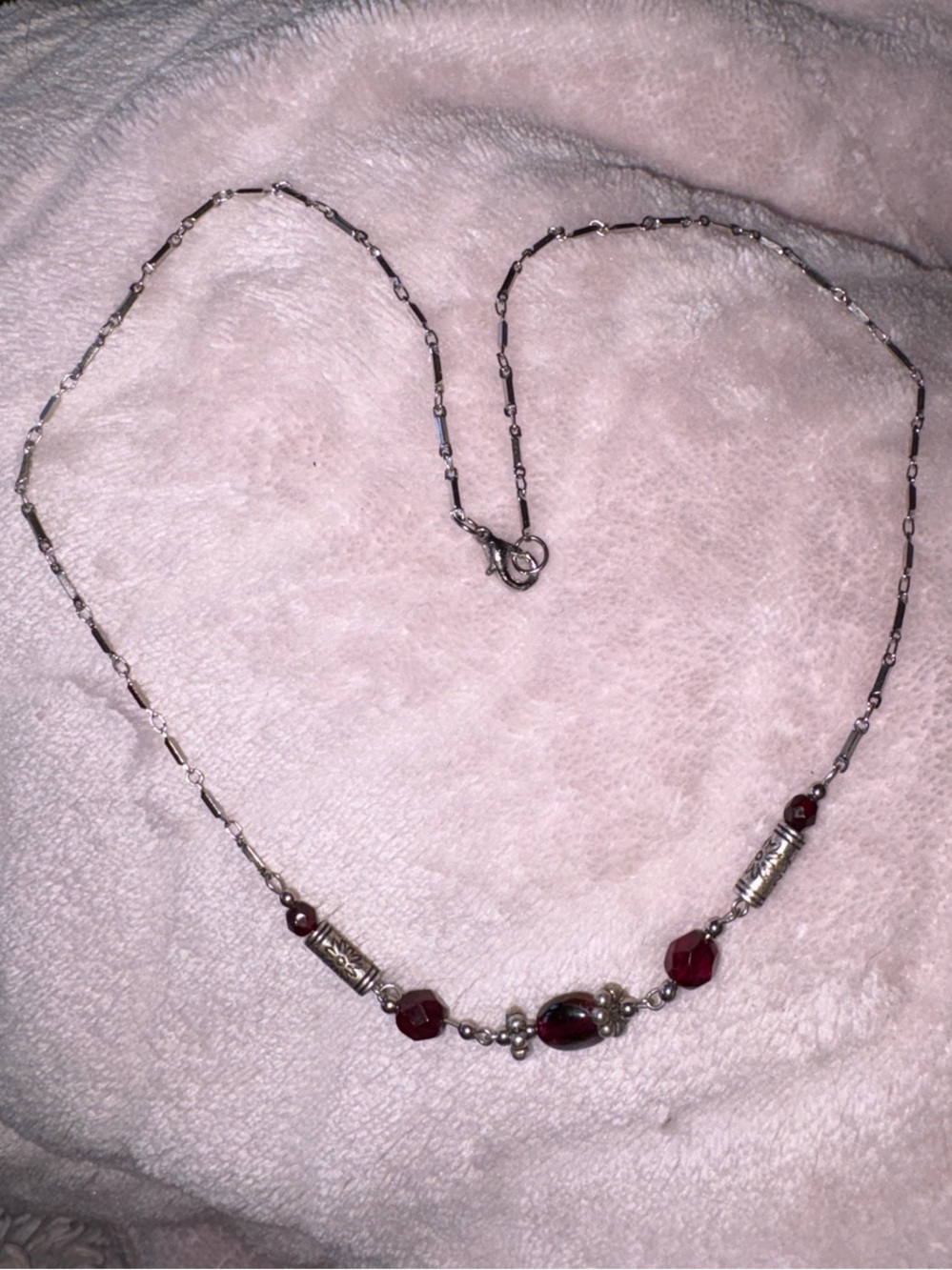 Silver-Tone Necklace with Deep Red Beads
